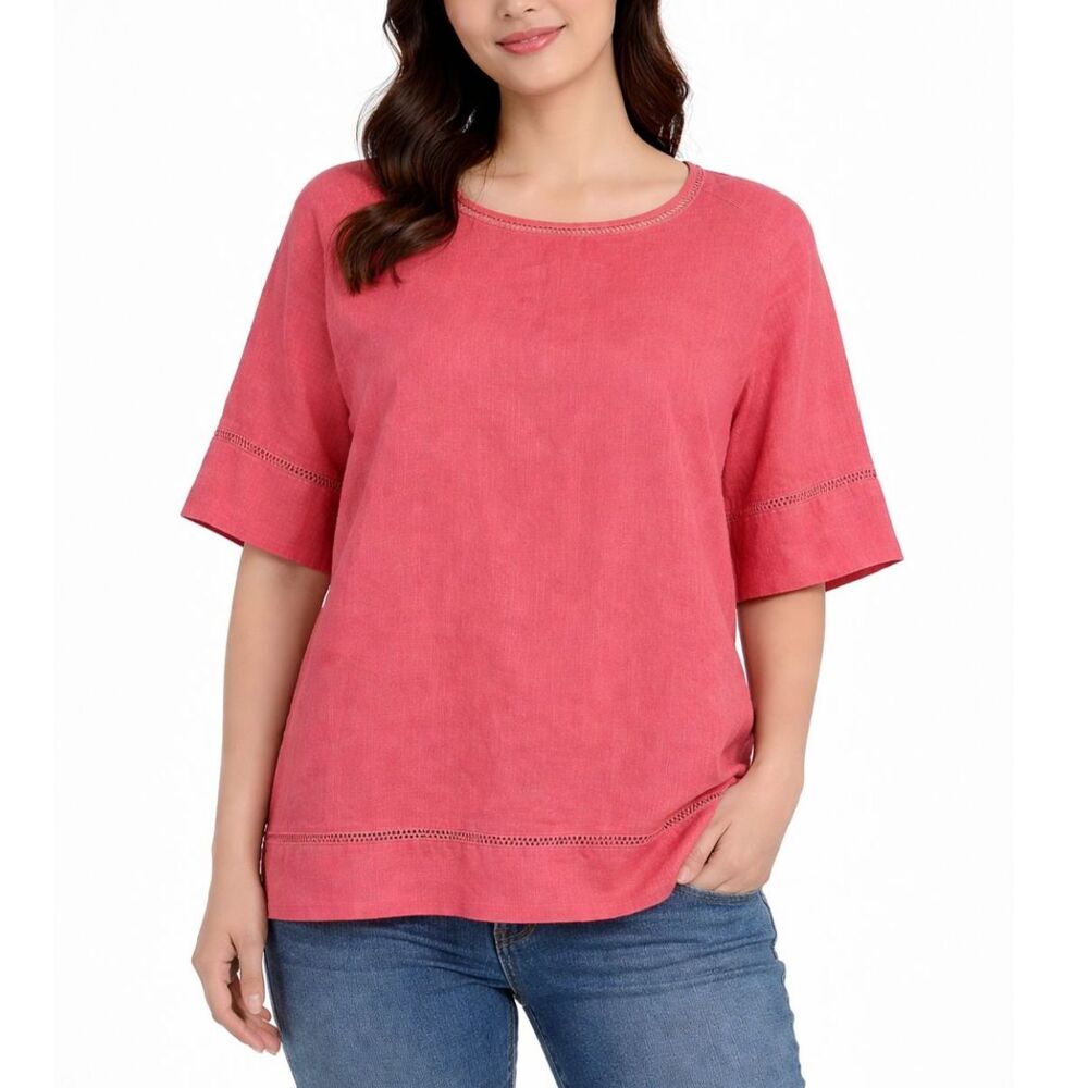 Symple NYC 100% Linen Blouse M Coral Pink Short Sleeve Lace Cutout Boxy Top